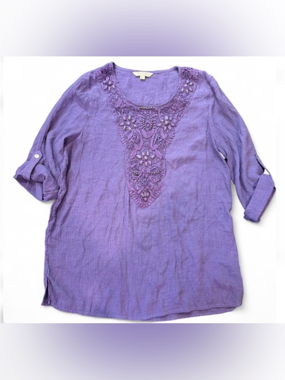 Vintage Embroidered Tunic Top Purple Fairycore Boho Lagenlook Art Teacher L